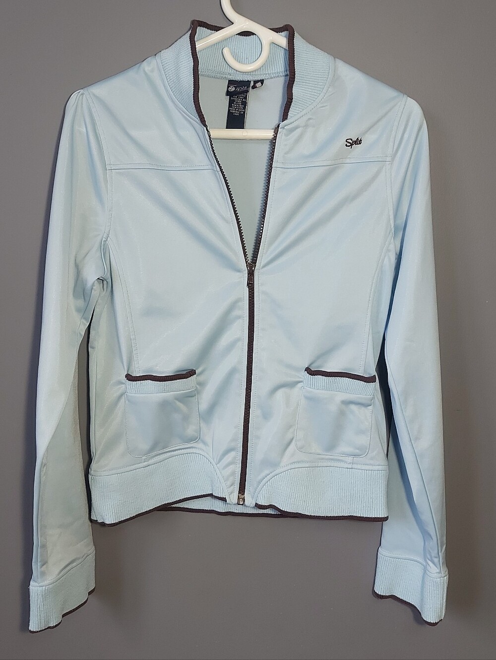 Vintage Split Y2K Light Blue Full Zip Track Jacket Brown Trim Women's Medium